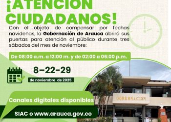 Diseño gráfico anunciando que la Gobernación de Arauca trabajará durante tres sábados del mes de noviembre